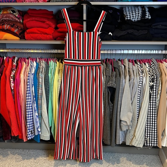Express Pants - Express red/black/white striped sleeveless back smocked jumpsuit size S